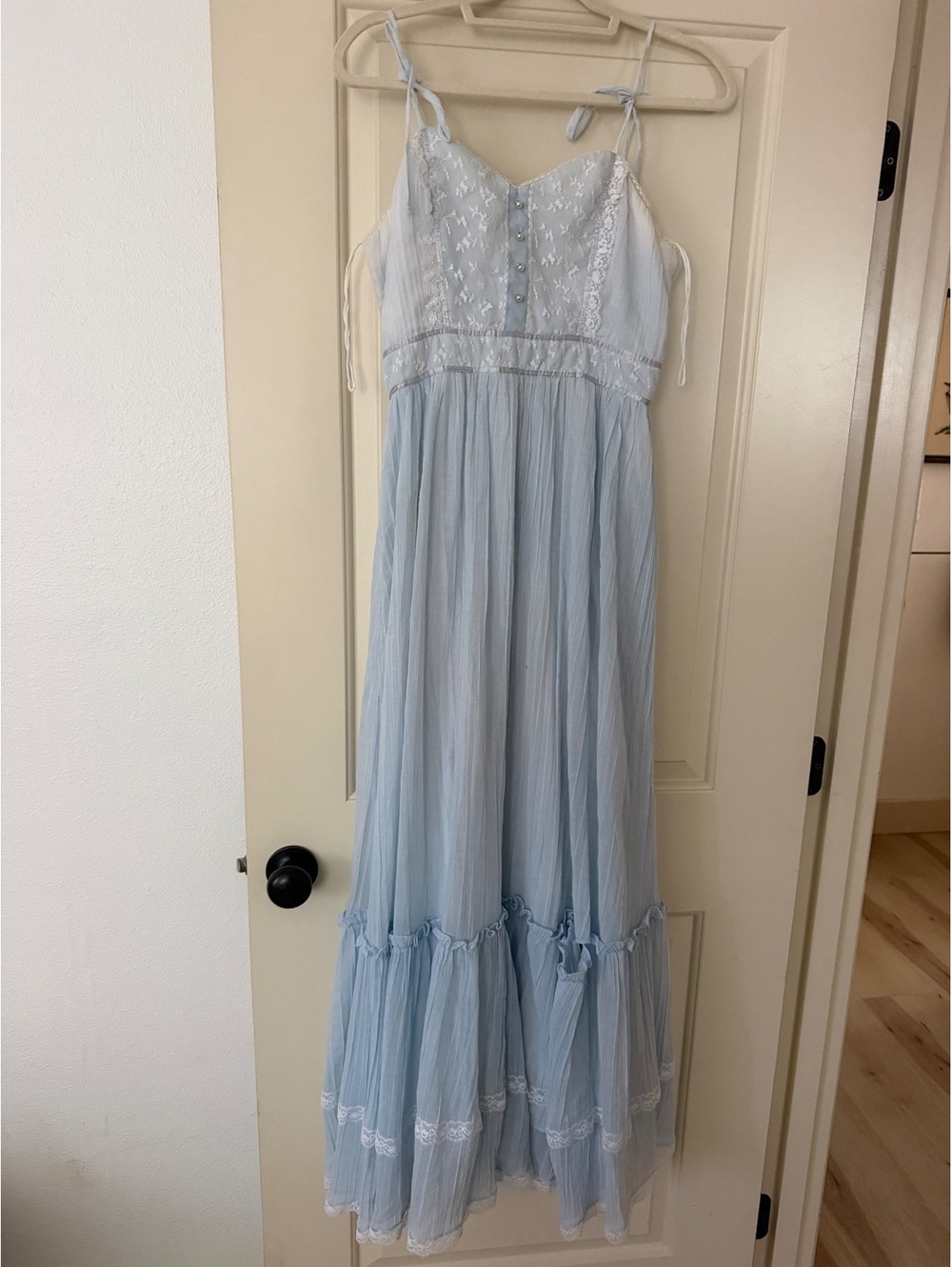 Light Blue Candi Jones Vintage 1970 Maxi Dress with Lace and Button Details